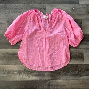 XIRENA Jules Blouse Cotton Size M Pink Pullover Ruffle Puff Sleeve V Neck